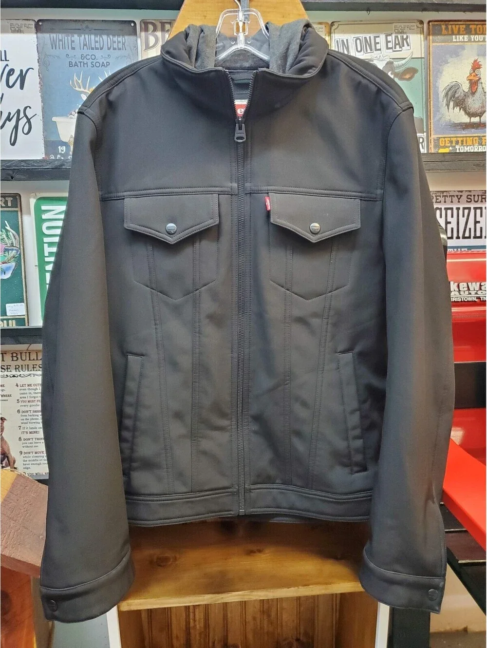 Levi's Men's Black Softshell Jacket Mesh Lined Hooded Trucker Coat